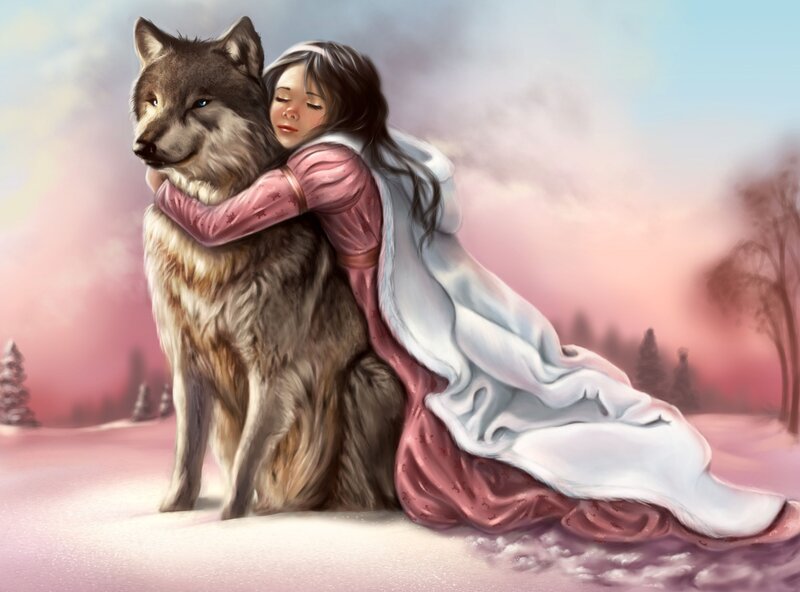 Girl Hugging Wolf — Pink, Serene, Winter