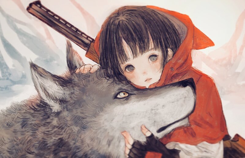 Girl Hugging Wolf — Red