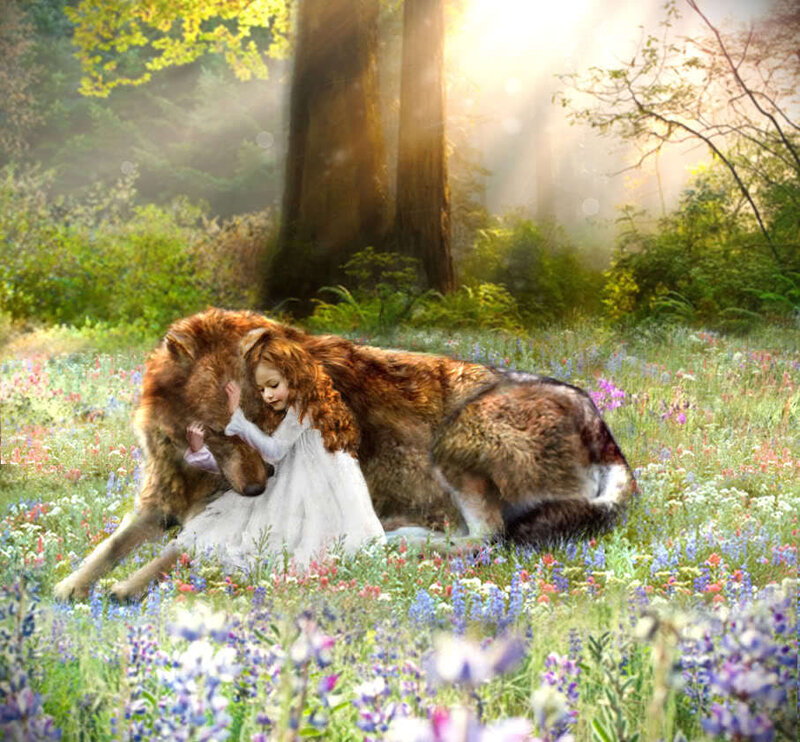 Girl Hugging Wolf