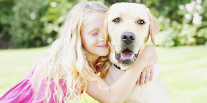 Girl Hugging Yellow Lab — Peaceful