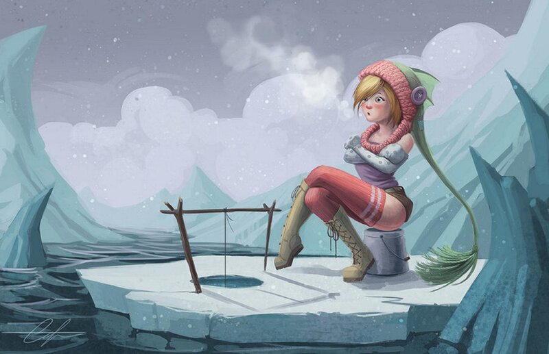 Girl Ice Fishing — Blue