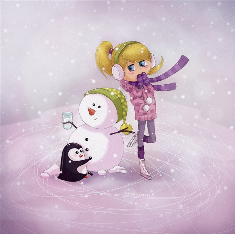 Girl Ice Skating with Snowman