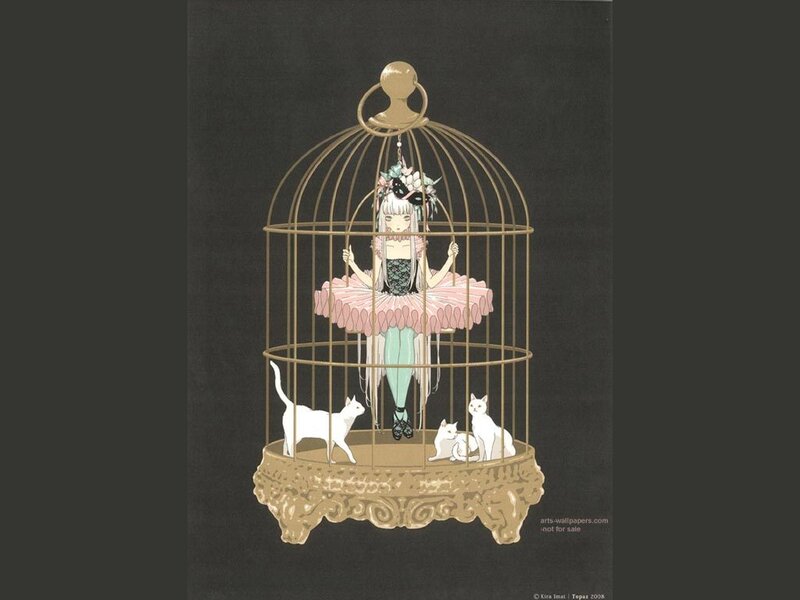 girl in a birdcage with cats