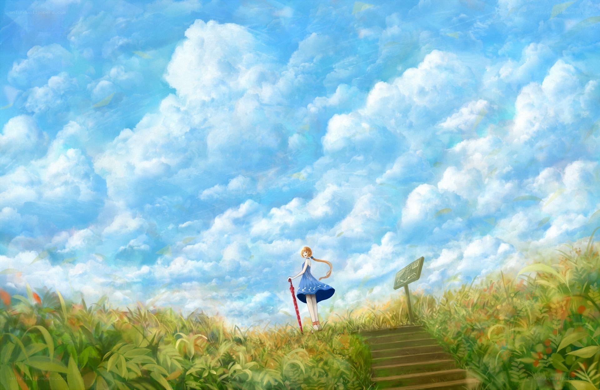 Girl in a blue dress on a hill