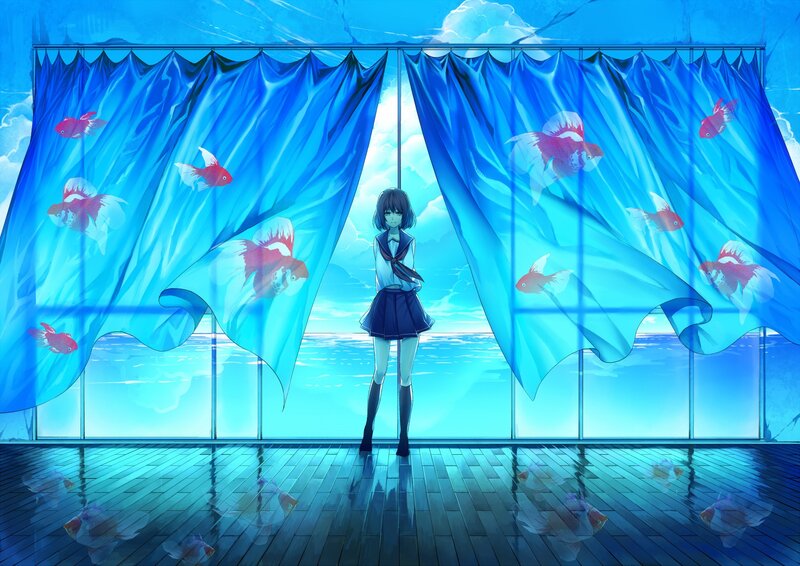 girl in a blue room with fish curtains