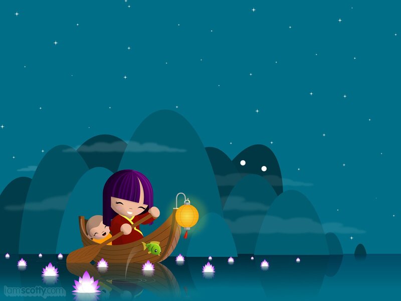 Girl in a boat at night