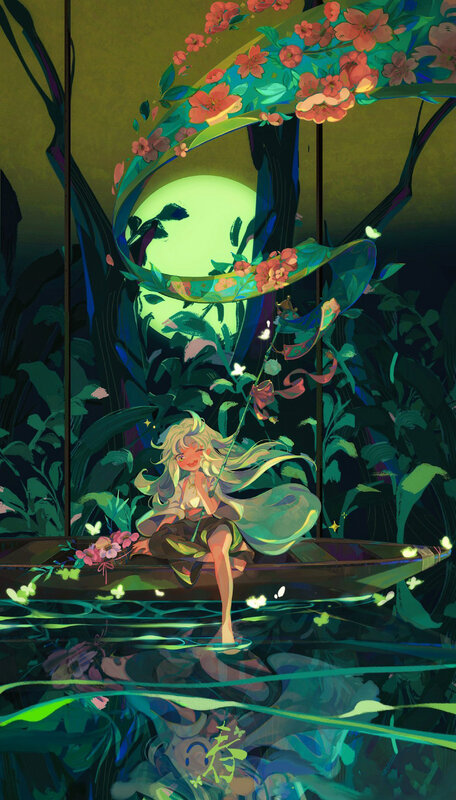 Girl in a Boat — Green, Serene, Night, Digital Art, Flowers