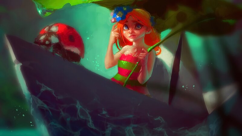 Girl in a Boat — Green, Serene, Night, Digital Art