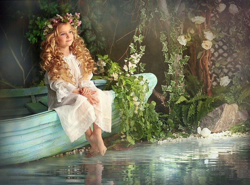 Girl in a Boat — Green, Serene, Photograph