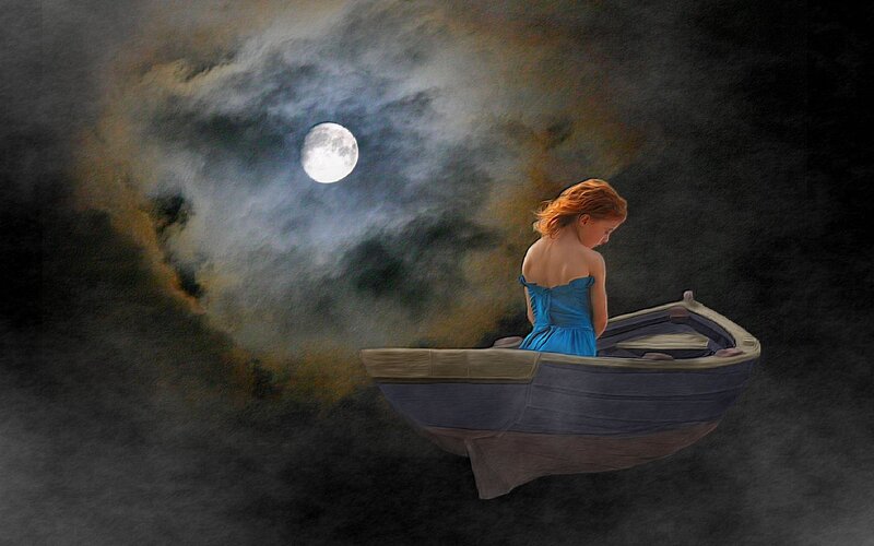 Girl in a boat under the moon