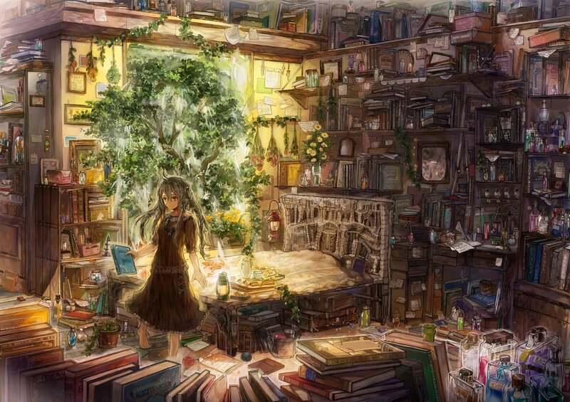 girl in a book-filled room