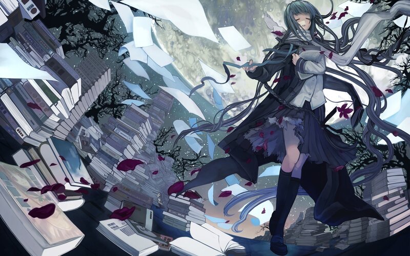 girl in a book-filled storm