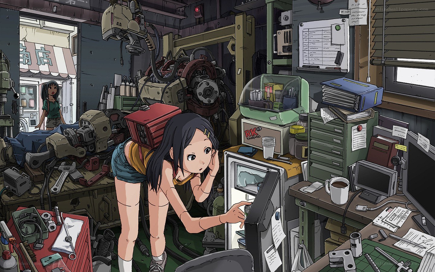 girl in a cluttered workshop