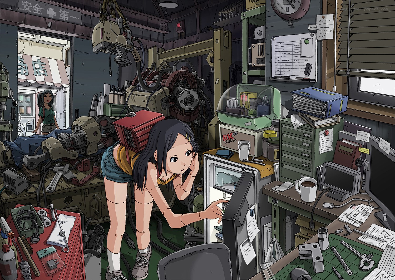 Girl in a cluttered workshop