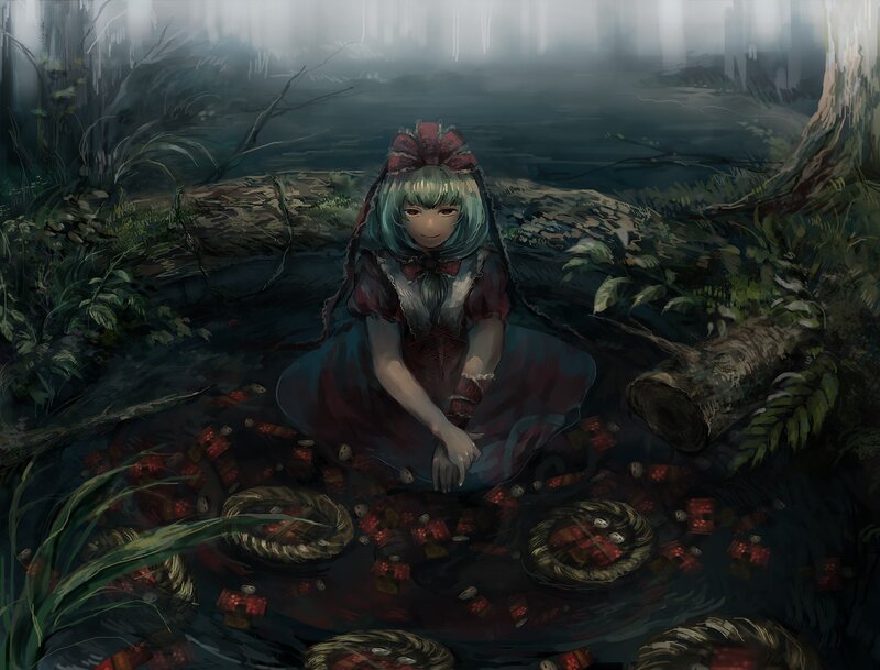 Girl in a dark forest pond