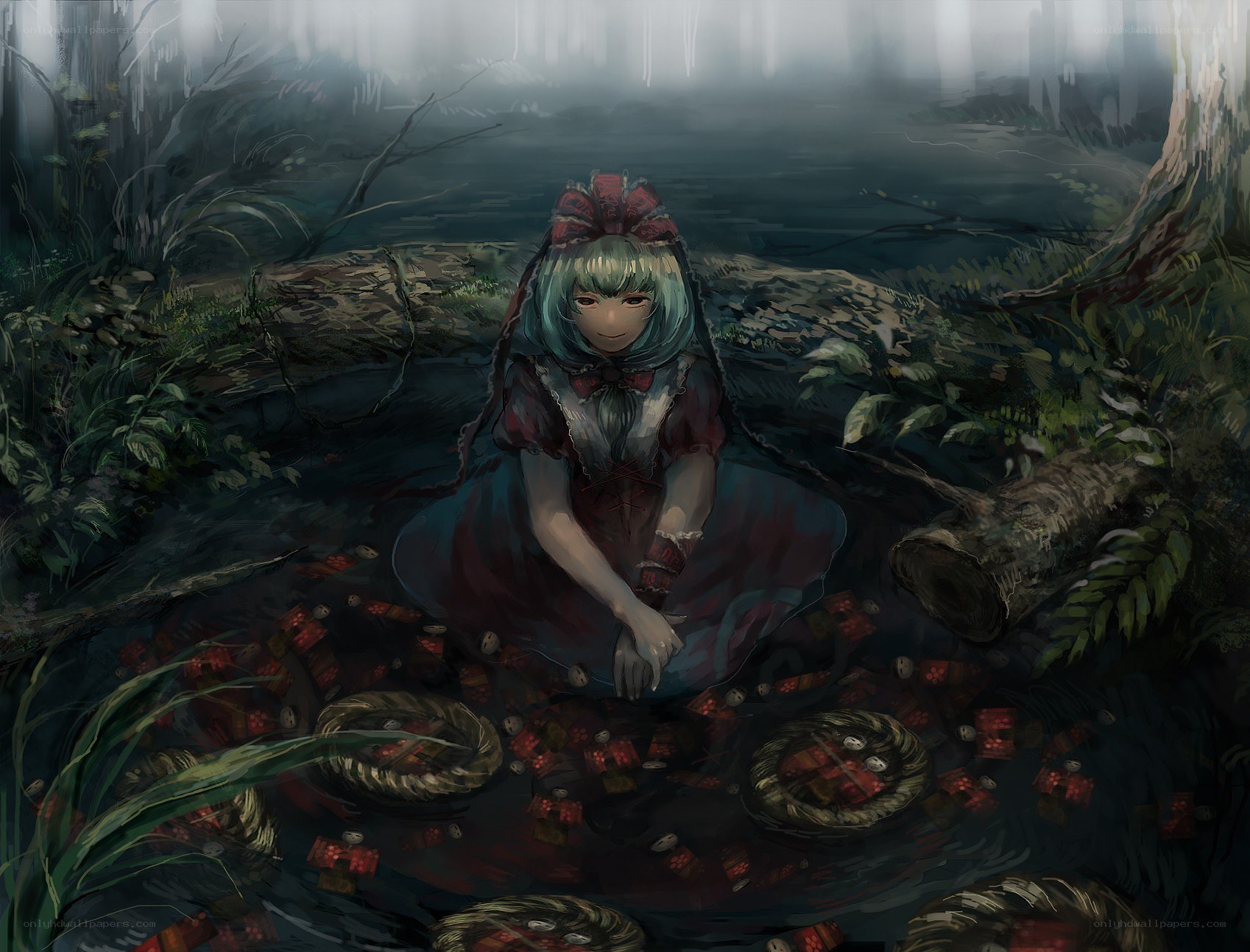 Girl in a dark forest pond