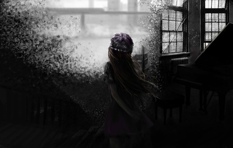 girl in a dark room with piano