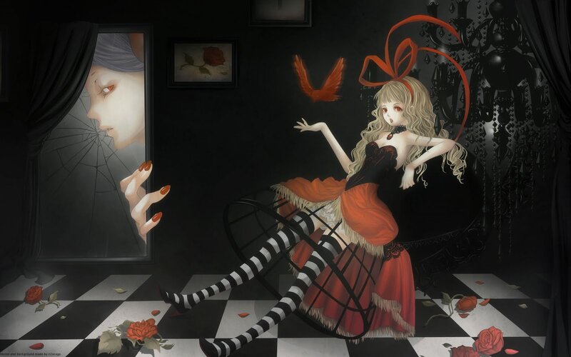 Girl in a dark room with roses