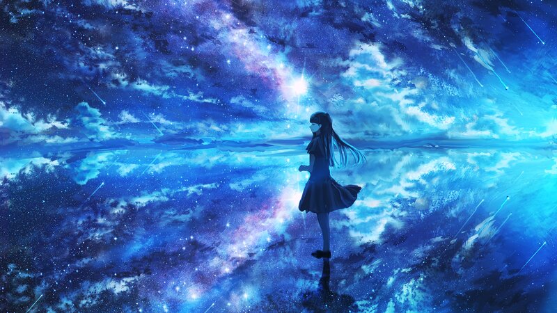Girl in a Dress — Blue, Serene, Night, Digital Art
