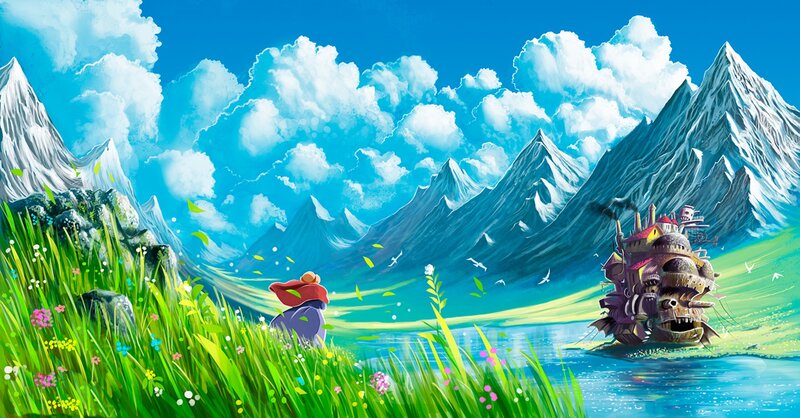 Girl in a Field — Blue, Serene, Afternoon, Digital Art, Mountains