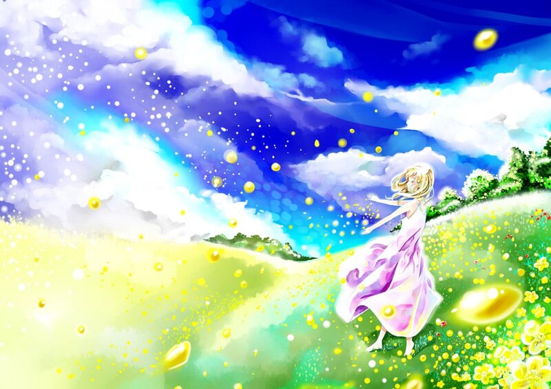 Girl in a Field — Blue, Serene, Afternoon, Digital Art