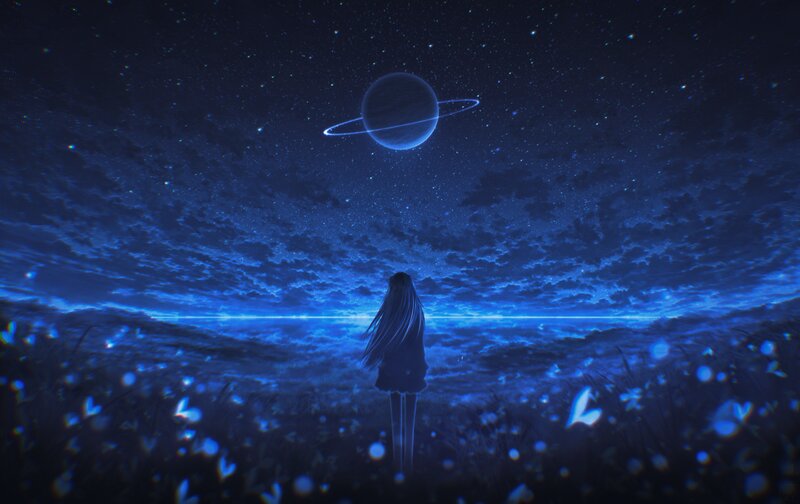 Girl in a Field — Blue, Serene, Night, Digital Art, Planet