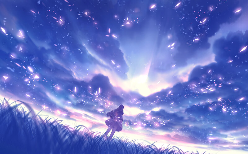 Girl in a Field — Blue, Serene, Sunset, Digital Art, Grass, Sky