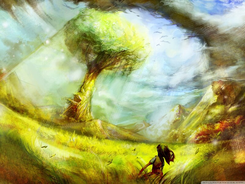 Girl in a Field — Green, Serene, Afternoon, Digital Art