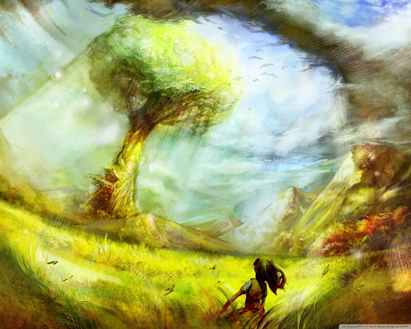Girl in a Field — Green, Serene, Afternoon, Digital Art, Tree