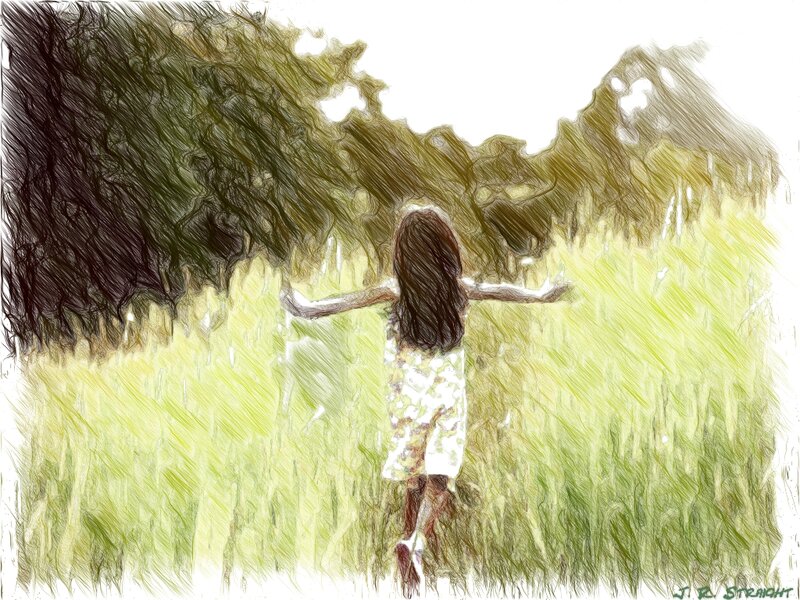 Girl in a Field — Green, Serene, Afternoon, Digital Art, Trees