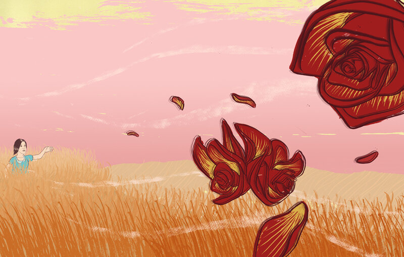 Girl in a field with floating roses