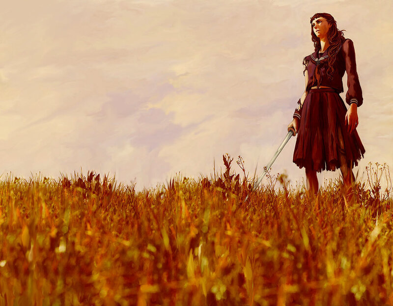 Girl in a field with sword