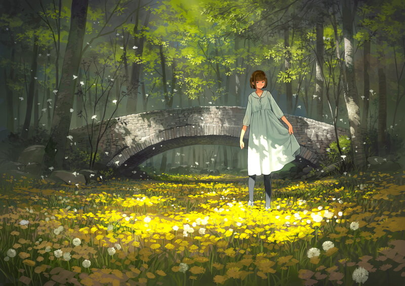 Girl in a Field — Yellow, Serene, Afternoon, Digital Art