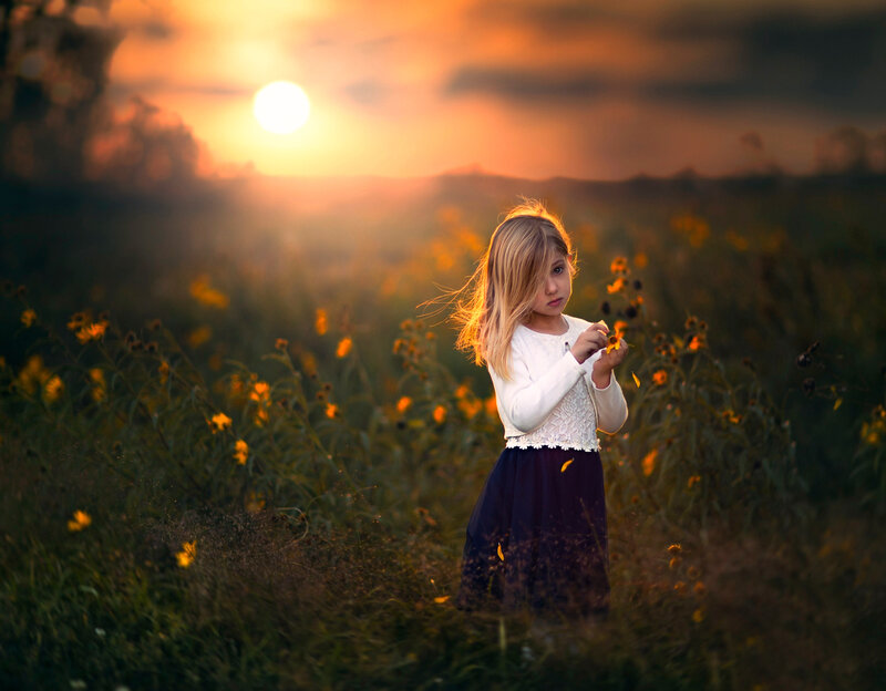 Girl in a Field — Yellow, Serene, Sunset, Photograph