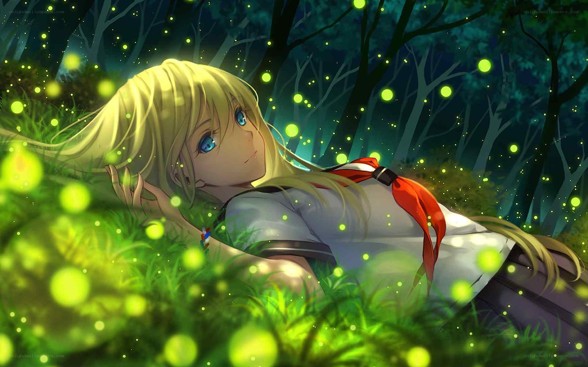 Girl in a firefly forest