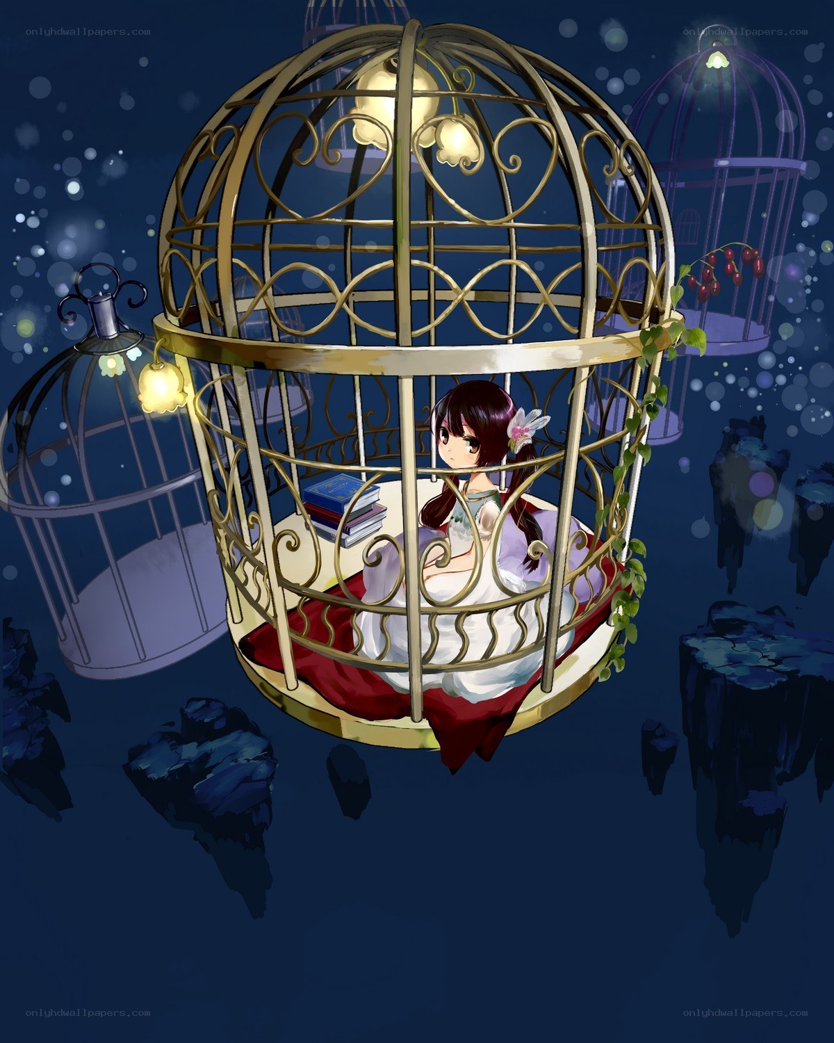 Girl in a floating birdcage