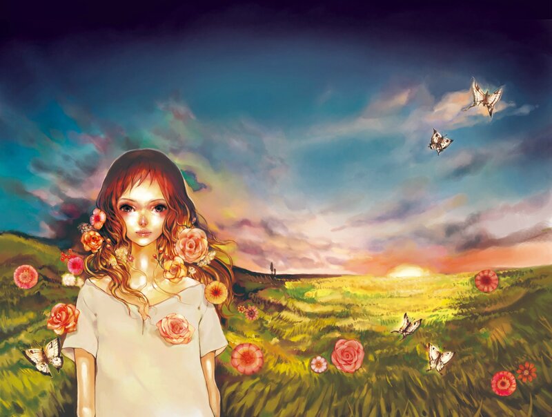 Girl in a flower field at sunset