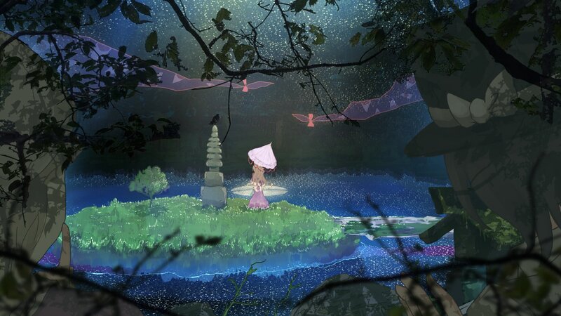 Girl in a forest at night
