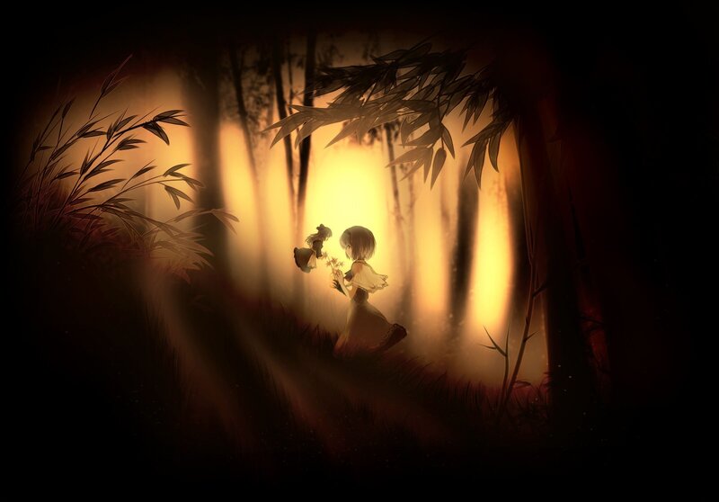 Girl in a forest at sunset