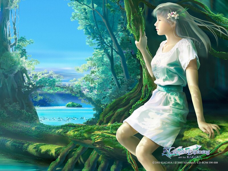 Girl in a forest by the lake