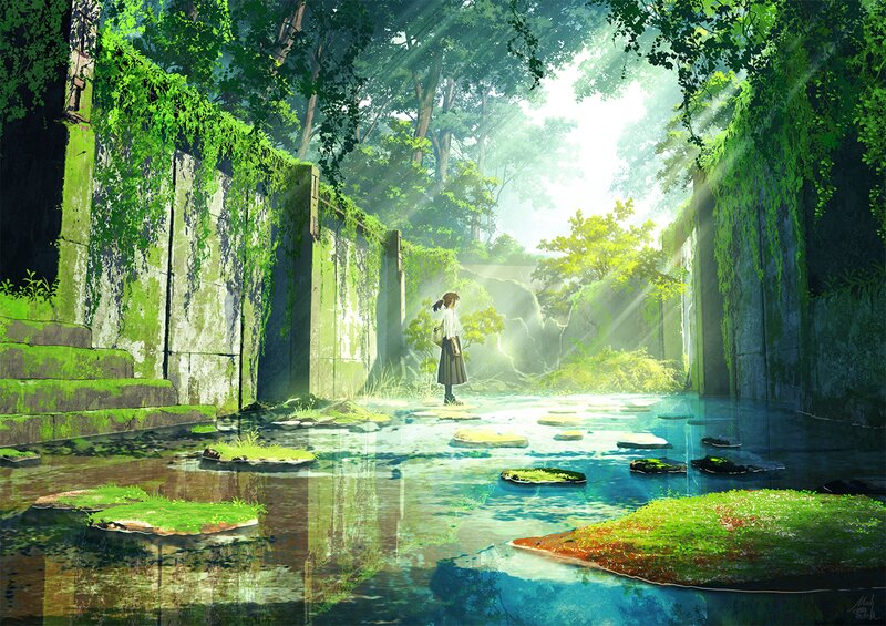 Girl in a Forest — Green, Serene, Morning, Digital Art