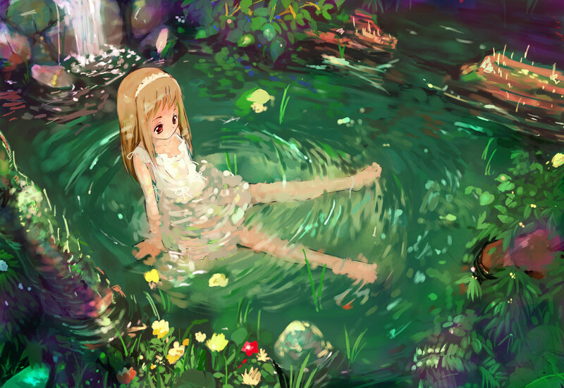Girl in a forest pond