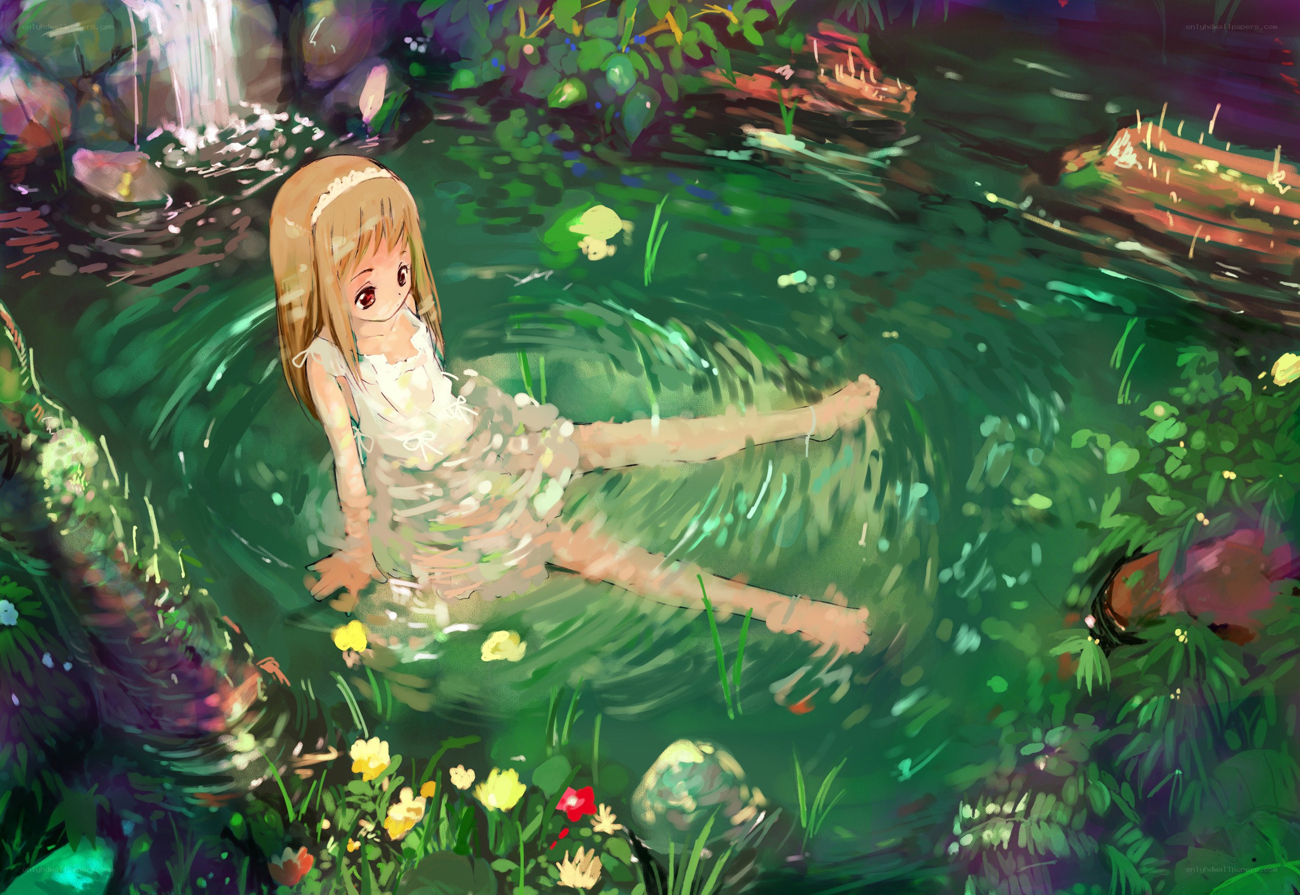 Girl in a forest pond