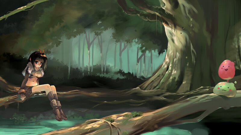 Girl in a forest with creatures