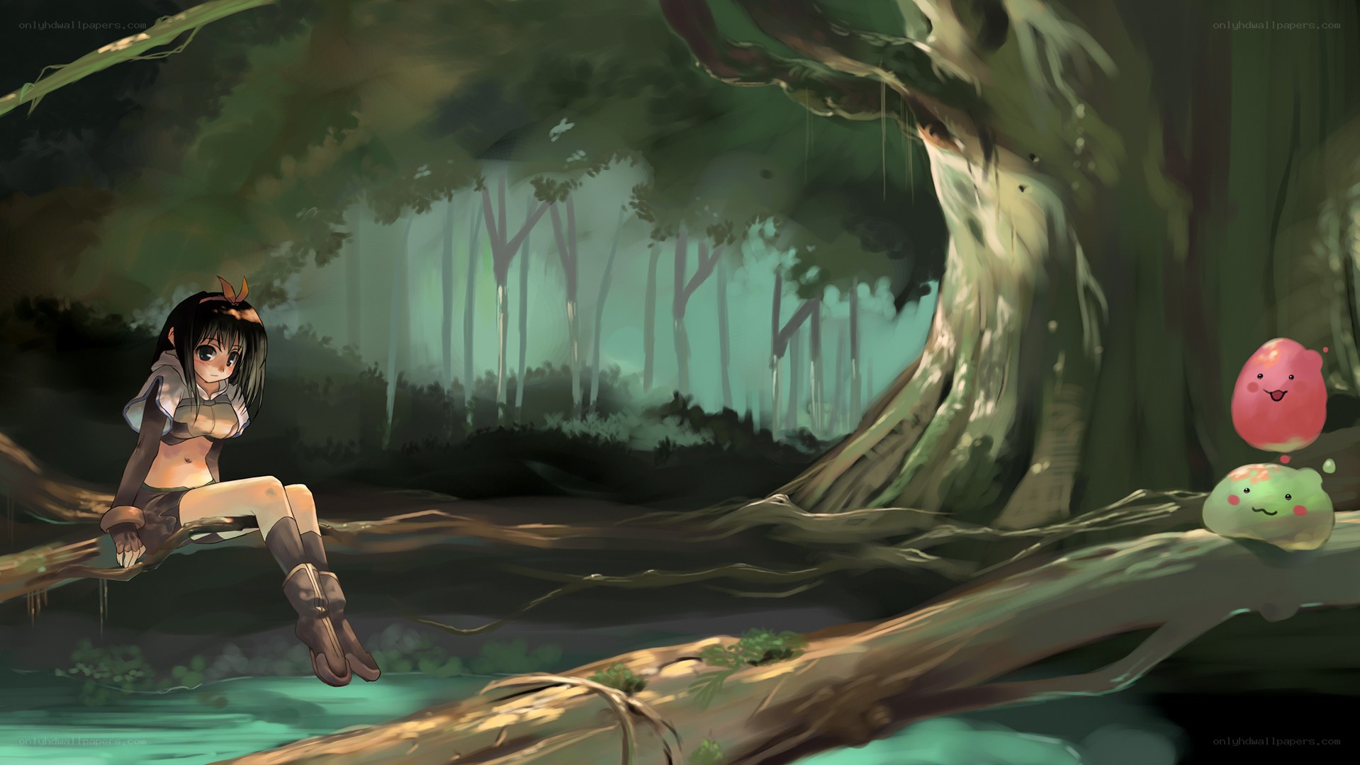 Girl in a forest with creatures