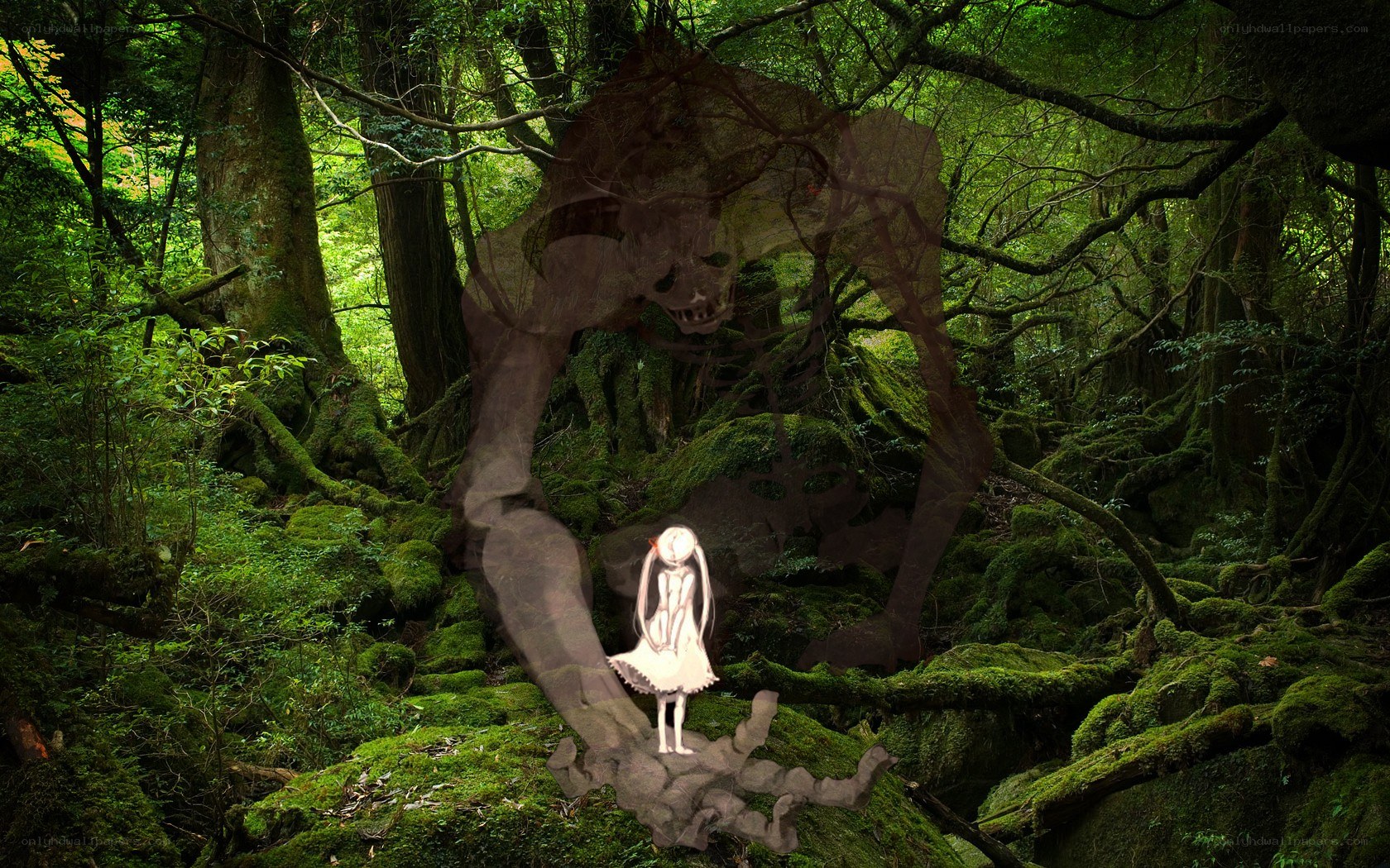 Girl in a forest with ghostly figure