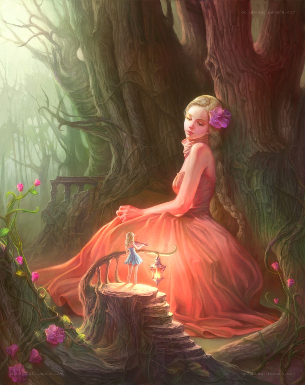 Girl in a forest with lantern