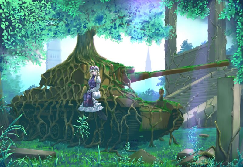 girl in a forest with tank