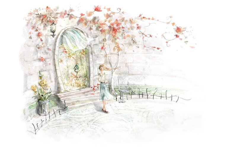 Girl in a garden courtyard
