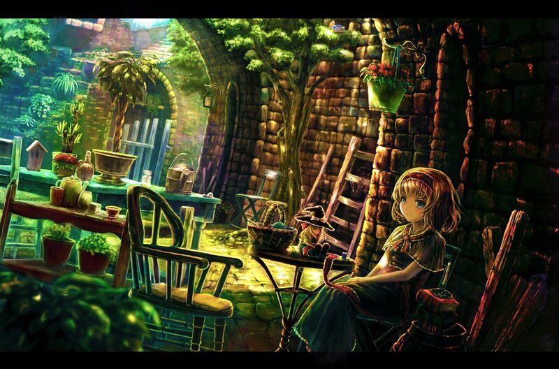 girl in a garden courtyard